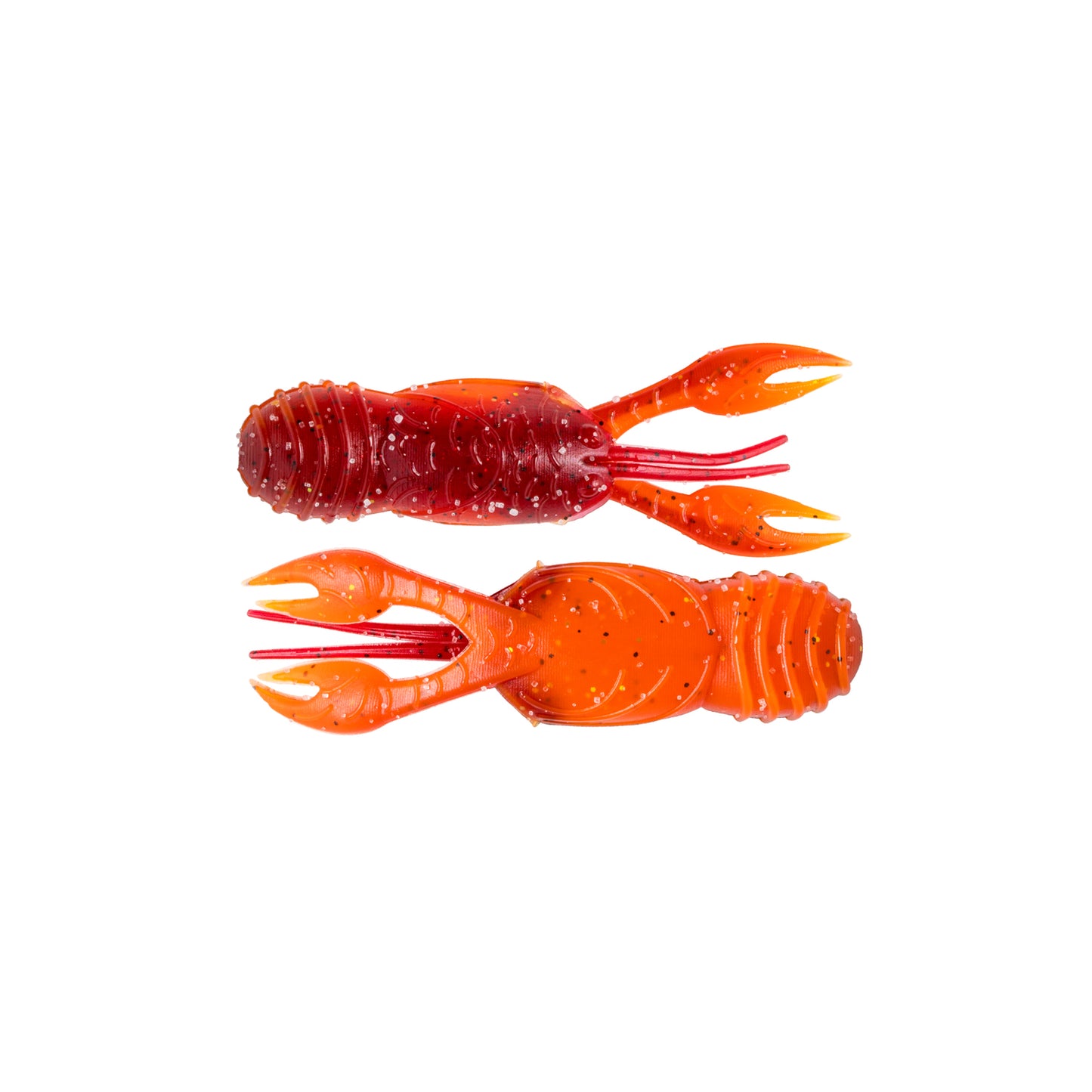 Two Great Lakes Finesse Juvy Craw Tube 2.5" lures in orange and red, featuring floating claws and segmented bodies, are shown on a white background—one facing up and one facing down.