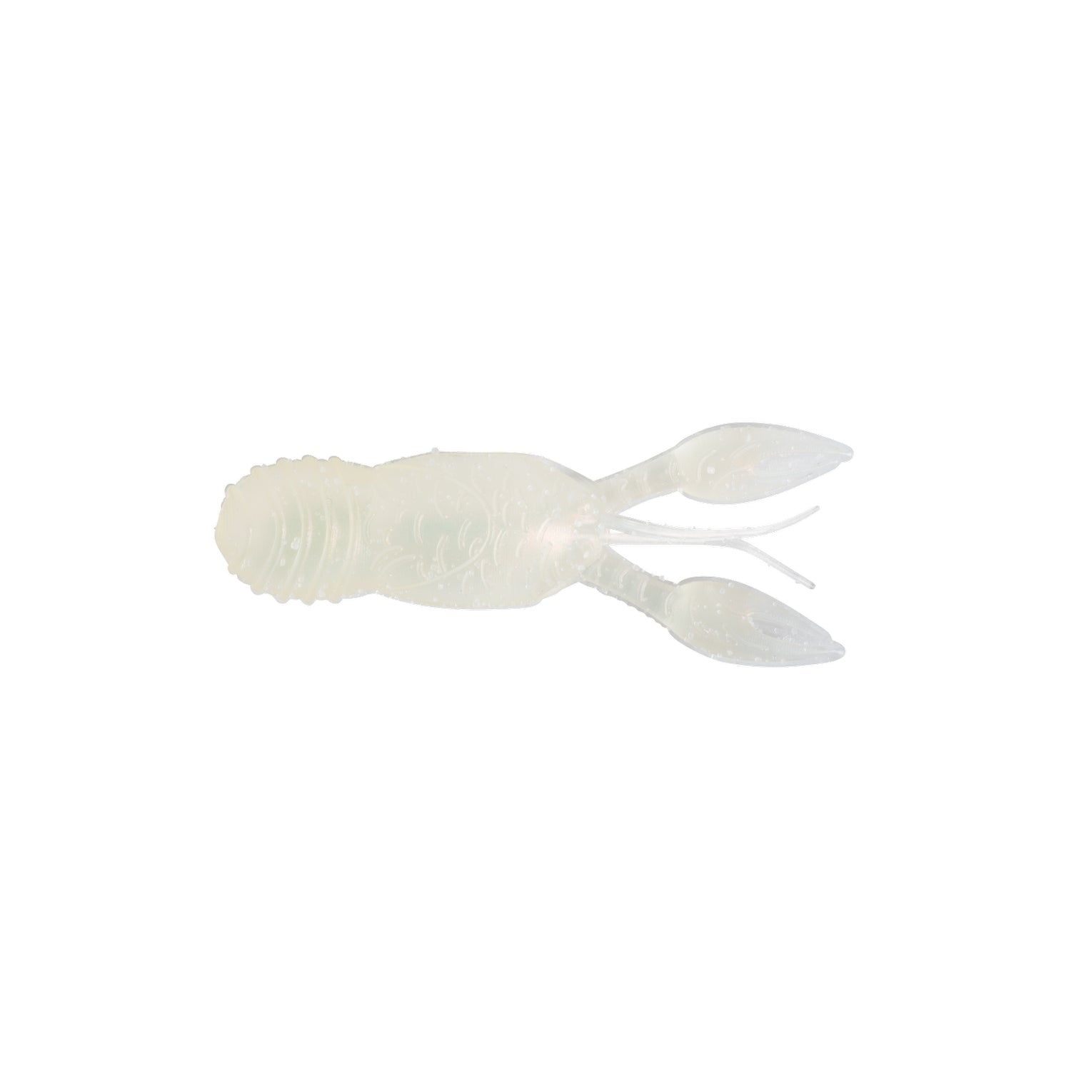 The Great Lakes Finesse Juvy Craw Tube 2.5" 7pk is a translucent white, soft plastic lure shaped like a juvenile crawfish with segmented body and floating claws, ideal for enticing strikes.