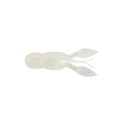 The Great Lakes Finesse Juvy Craw Tube 2.5" 7pk is a translucent white, soft plastic lure shaped like a juvenile crawfish with segmented body and floating claws, ideal for enticing strikes.