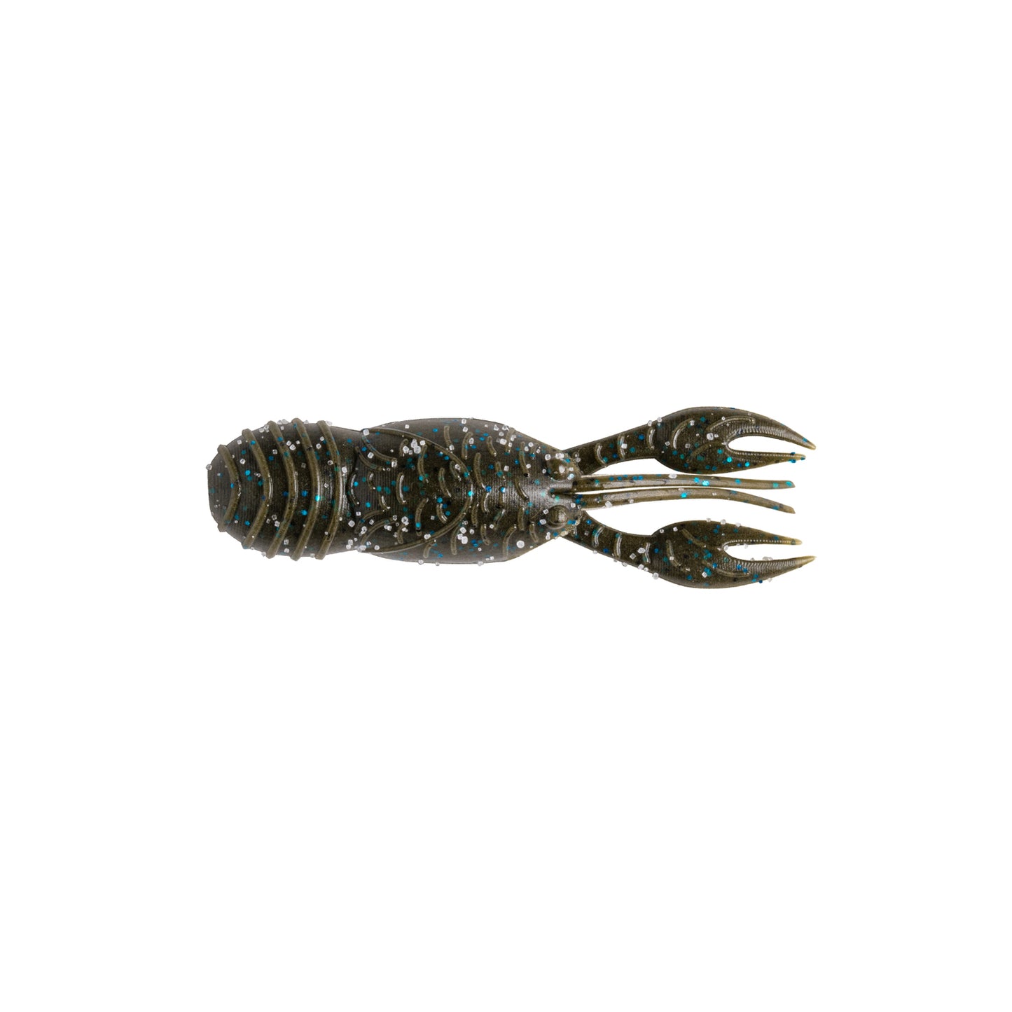 A small, dark green Great Lakes Finesse Juvy Craw Tube 2.5" fishing lure with floating claws and blue and silver specks, shaped like a juvenile crawfish, shown on a white background.