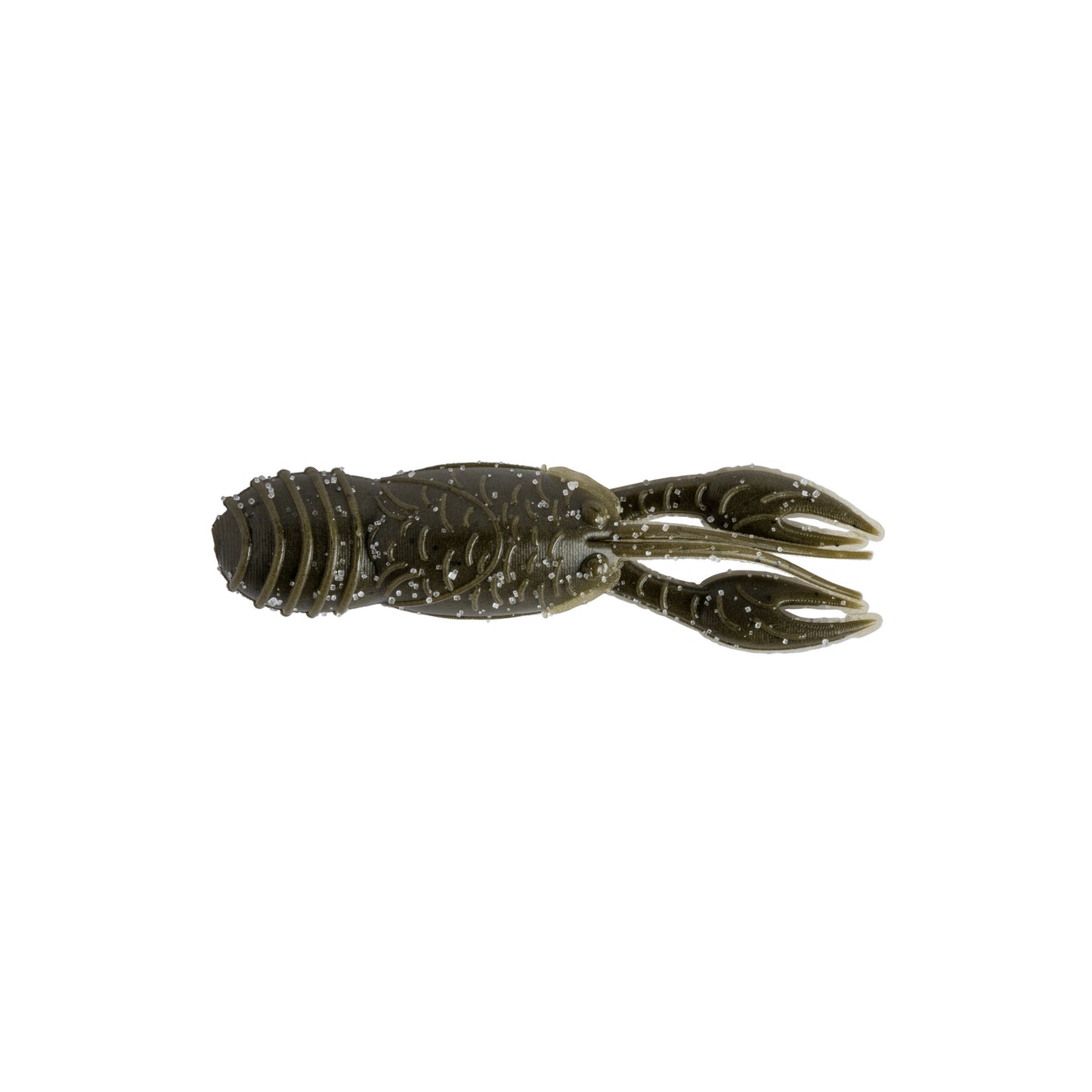 The Great Lakes Finesse Juvy Craw Tube Micro 2" 8pk is a realistic, dark green and black soft plastic lure shaped like a juvenile crawfish, featuring two pincers and a segmented body. Brand: Great Lakes Finesse.
