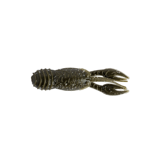 The Great Lakes Finesse Juvy Craw Tube Micro 2" 8pk is a realistic, dark green and black soft plastic lure shaped like a juvenile crawfish, featuring two pincers and a segmented body. Brand: Great Lakes Finesse.