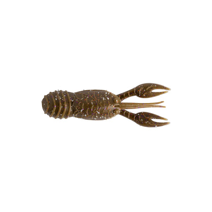 The Great Lakes Finesse Juvy Craw Tube Micro 2" fishing lure, shaped like a brown juvenile crawfish with large claws and a segmented tail, features glitter specks and is shown on a white background. Comes in an 8-pack.