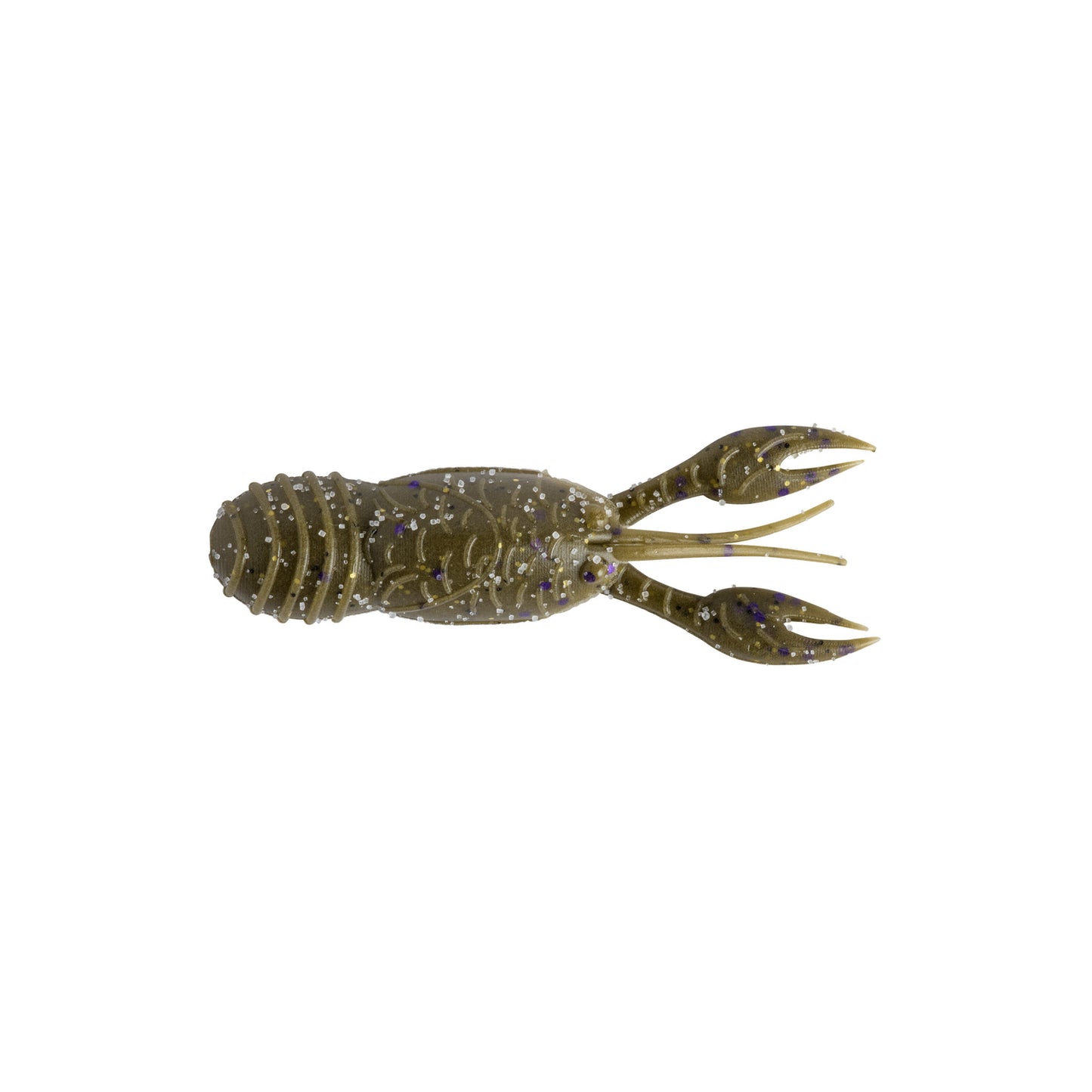 The Great Lakes Finesse Juvy Craw Tube 2.5" (7pk) fishing lure by Great Lakes Finesse is shaped like a juvenile crawfish in olive green with silver and purple specks, floating claws, and a ridged body, shown on a white background.