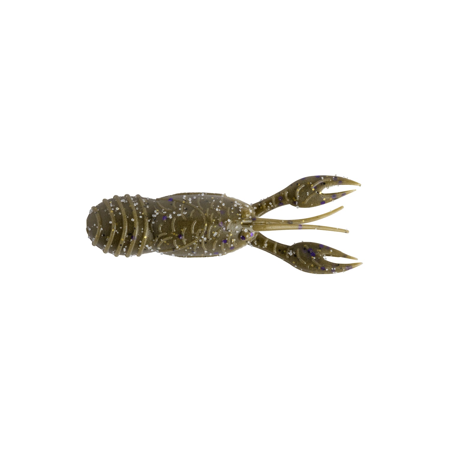 The Great Lakes Finesse Juvy Craw Tube 2.5" (7pk) fishing lure by Great Lakes Finesse is shaped like a juvenile crawfish in olive green with silver and purple specks, floating claws, and a ridged body, shown on a white background.