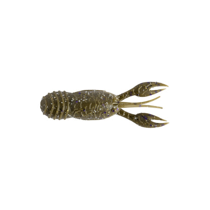 The Great Lakes Finesse Juvy Craw Tube 2.5" (7pk) fishing lure by Great Lakes Finesse is shaped like a juvenile crawfish in olive green with silver and purple specks, floating claws, and a ridged body, shown on a white background.