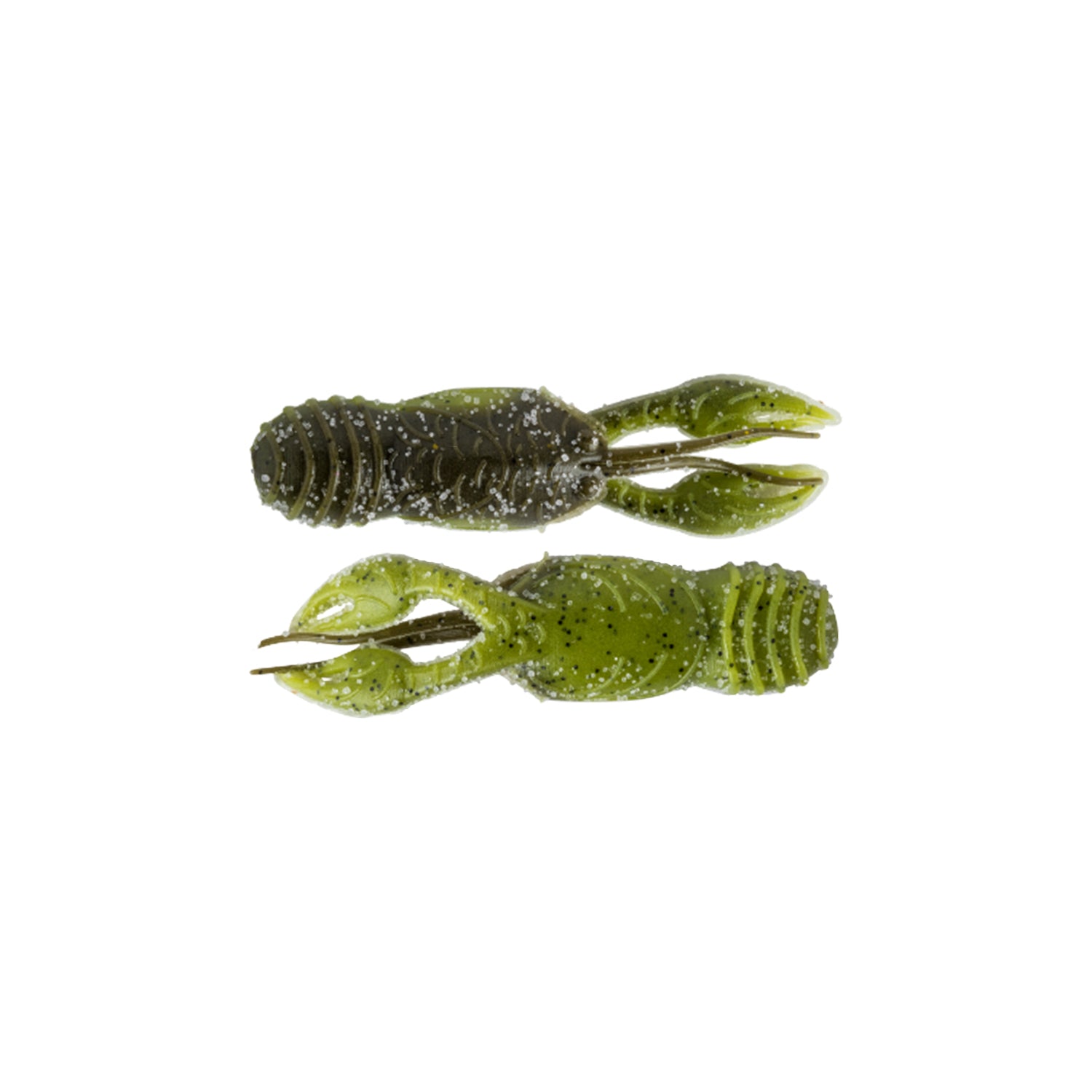 Two Great Lakes Finesse Juvy Craw Tube Micro 2" soft plastic lures, green and black with textured bodies and pincers, are positioned side by side on a white background.