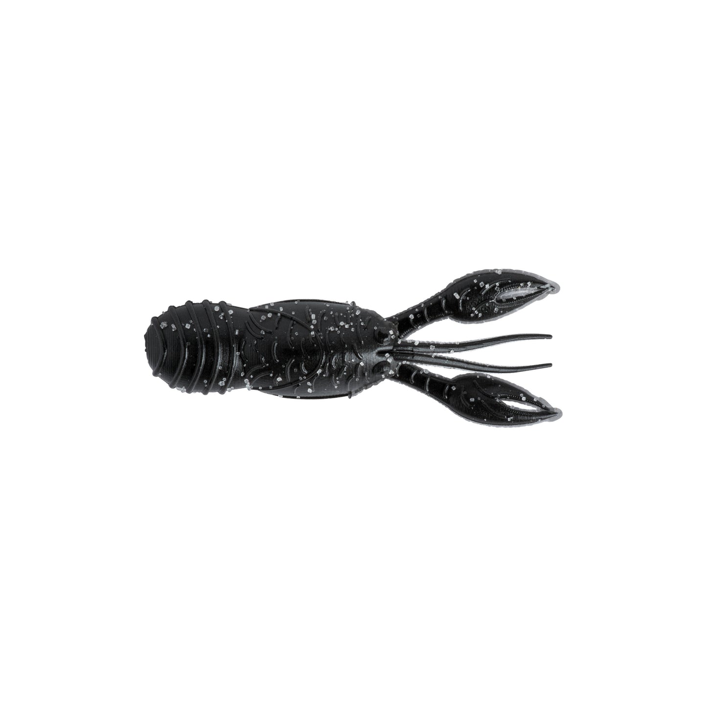 The Great Lakes Finesse Juvy Craw Tube Micro 2" (8pk) is a black, soft plastic lure shaped like a juvenile crawfish with silver flecks and two claws, shown on a white background.