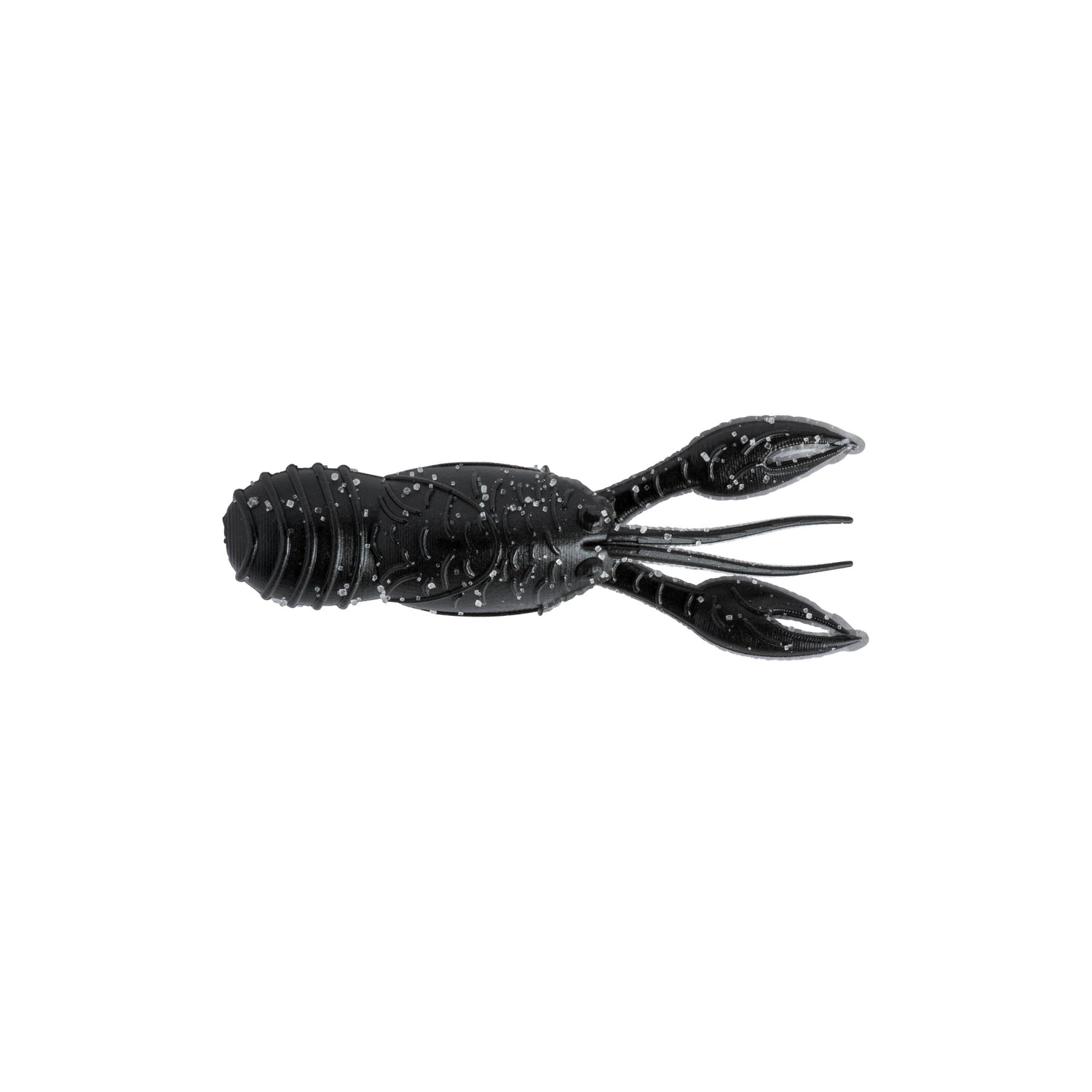 The Great Lakes Finesse Juvy Craw Tube Micro 2" (8pk) is a black, soft plastic lure shaped like a juvenile crawfish with silver flecks and two claws, shown on a white background.