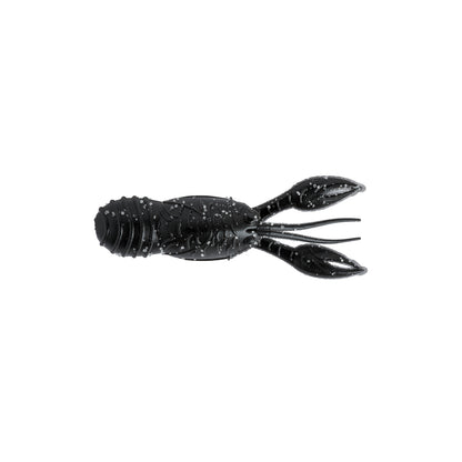 The Great Lakes Finesse Juvy Craw Tube Micro 2" (8pk) is a black, soft plastic lure shaped like a juvenile crawfish with silver flecks and two claws, shown on a white background.