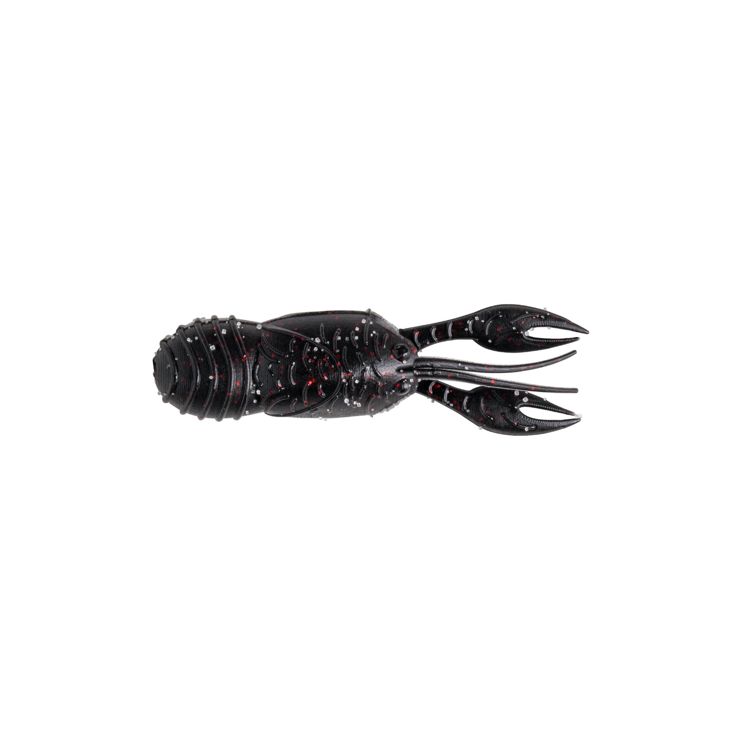 The Great Lakes Finesse Juvy Craw Tube 2.5" (7pk) is a black, soft plastic lure shaped like a juvenile crawfish with floating claws, a segmented body, and small red speckles. Set against a plain white background.