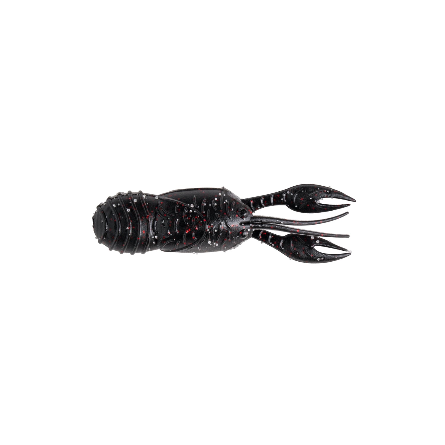 The Great Lakes Finesse Juvy Craw Tube 2.5" (7pk) is a black, soft plastic lure shaped like a juvenile crawfish with floating claws, a segmented body, and small red speckles. Set against a plain white background.