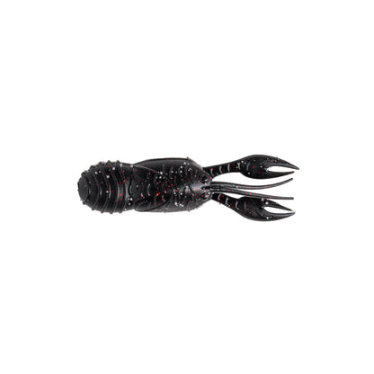 The Great Lakes Finesse Juvy Craw Tube 2.5" (7pk) is a black, soft plastic lure shaped like a juvenile crawfish with floating claws, a segmented body, and small red speckles. Set against a plain white background.