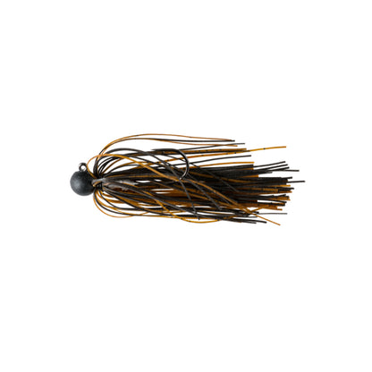 The Great Lakes Finesse Matte Finesse Jig by Great Lakes Finesse features a brown-black matte finish, round black weighted head, lifelike skirted strands, and a sharp Gamakatsu hook for dependable performance that mimics prey in the water.
