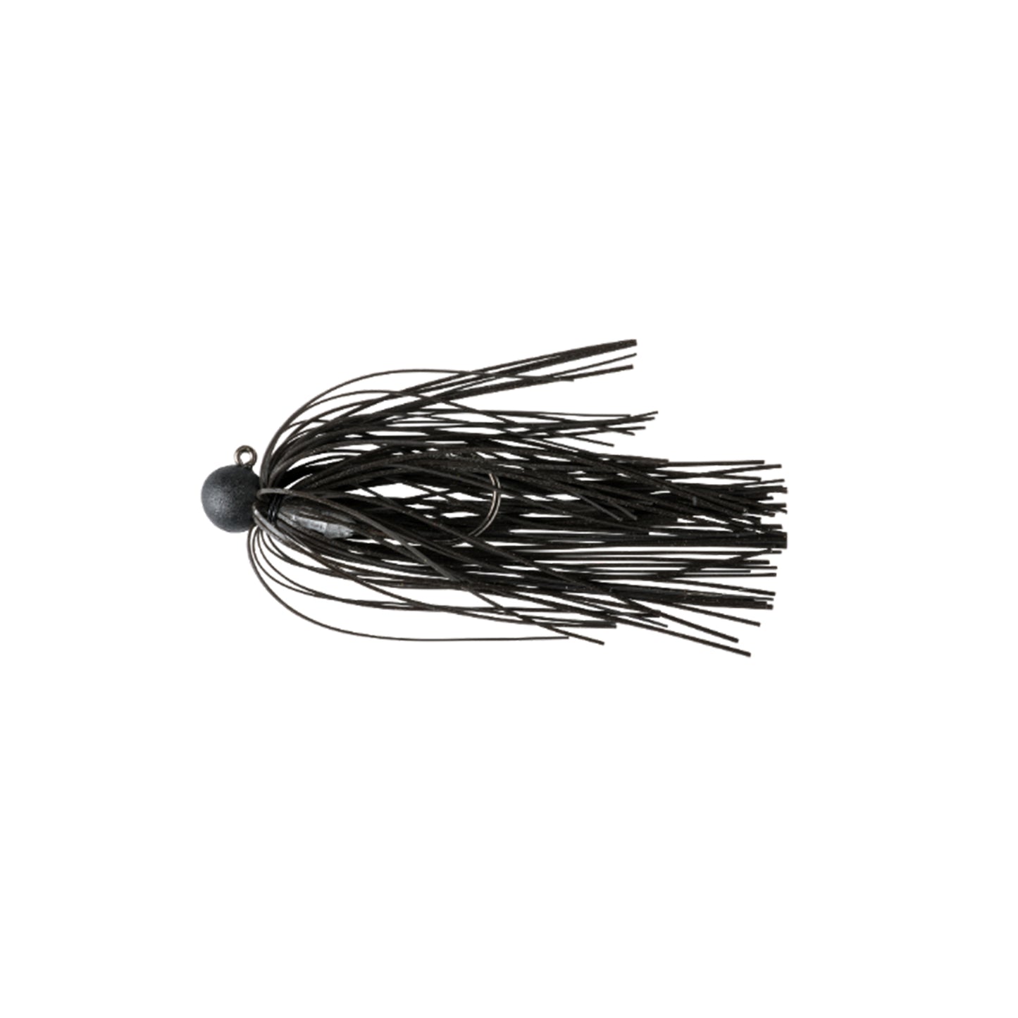 The Great Lakes Finesse Matte Finesse Jig by Great Lakes Finesse features a black matte finish, rounded ball head, and long rubber skirt strands, making it a popular micro lure for bass fishing.
