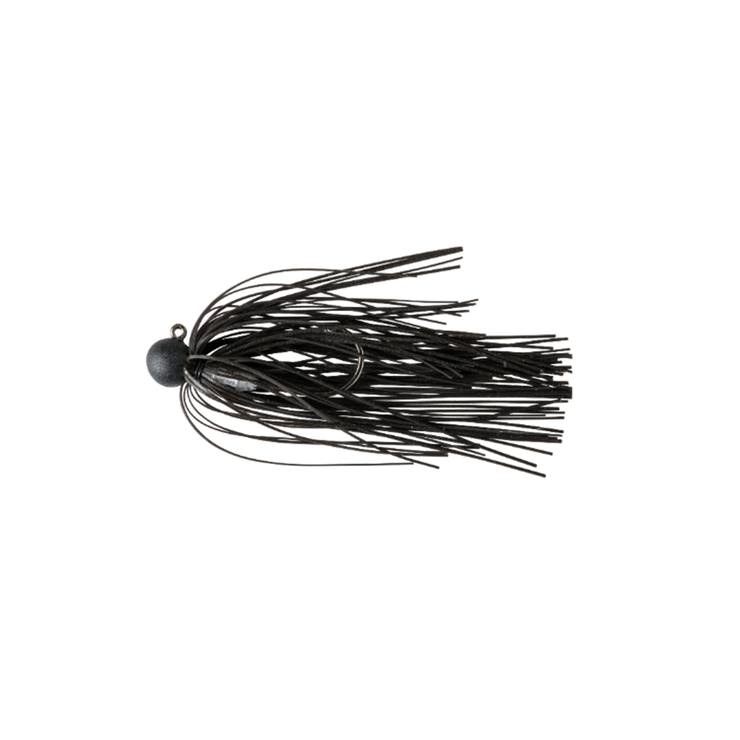 The Great Lakes Finesse Matte Finesse Jig by Great Lakes Finesse features a black matte finish, rounded ball head, and long rubber skirt strands, making it a popular micro lure for bass fishing.