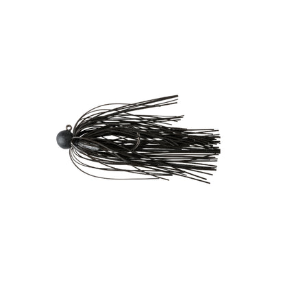 The Great Lakes Finesse Matte Finesse Jig by Great Lakes Finesse features a black matte finish, rounded ball head, and long rubber skirt strands, making it a popular micro lure for bass fishing.