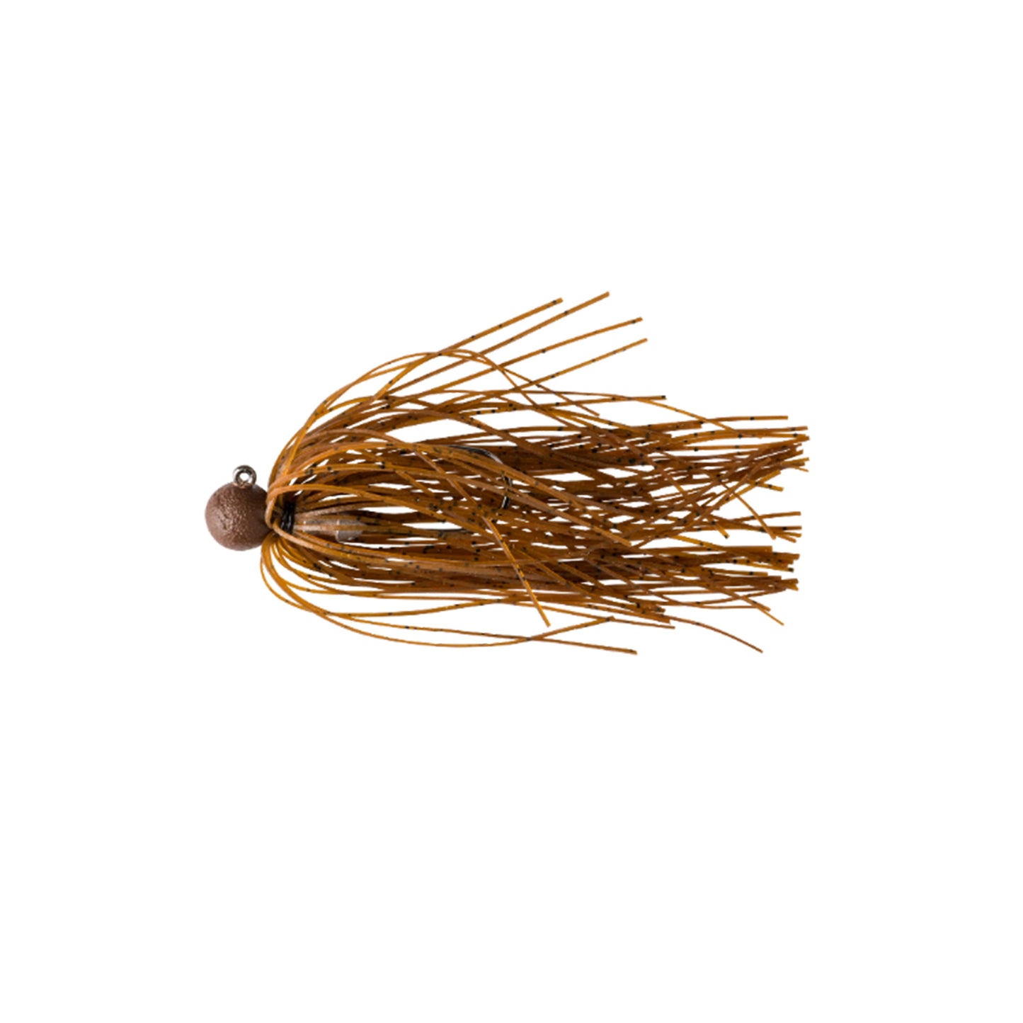 The Great Lakes Finesse Matte Finesse Jig by Great Lakes Finesse features a brown, round weighted head and long, thin, flexible skirt strands extending outward, shown isolated on a white background.