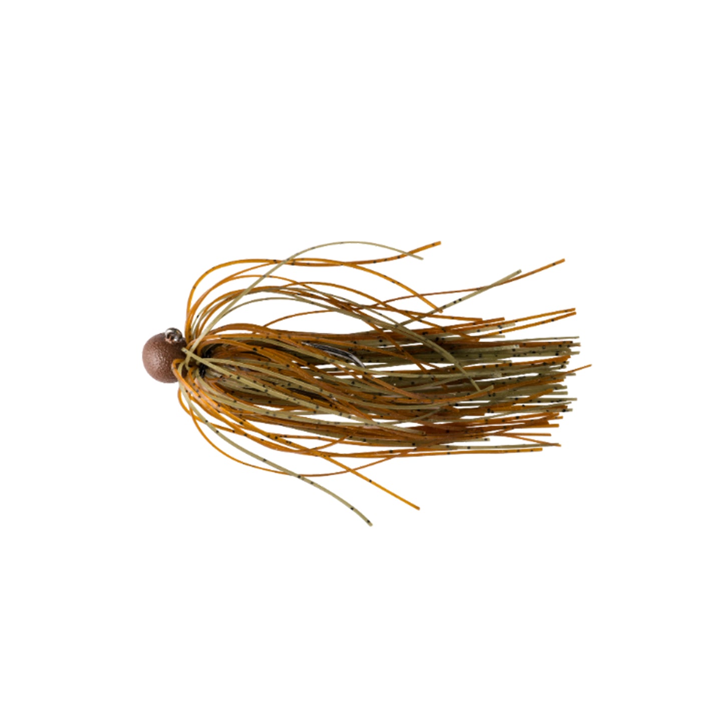 The Great Lakes Finesse Matte Finesse Jig by Great Lakes Finesse features a brown and green matte finish, rounded ball head design, and multiple long, thin skirt strands extending outward, shown isolated on a white background.