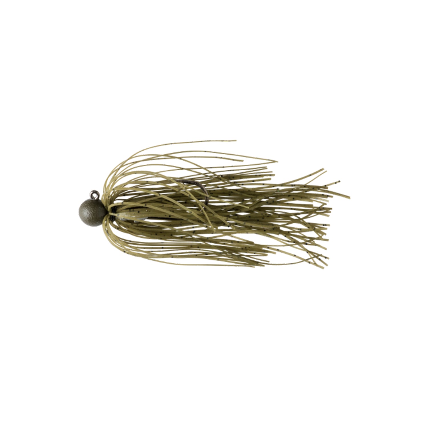 The Great Lakes Finesse Matte Finesse Jig by Great Lakes Finesse features a round metallic ball head and long, thin olive-green rubber strands forming a skirt, shown isolated on a white background.