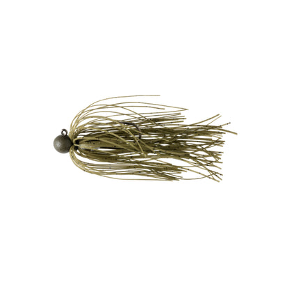 The Great Lakes Finesse Matte Finesse Jig by Great Lakes Finesse features a round metallic ball head and long, thin olive-green rubber strands forming a skirt, shown isolated on a white background.