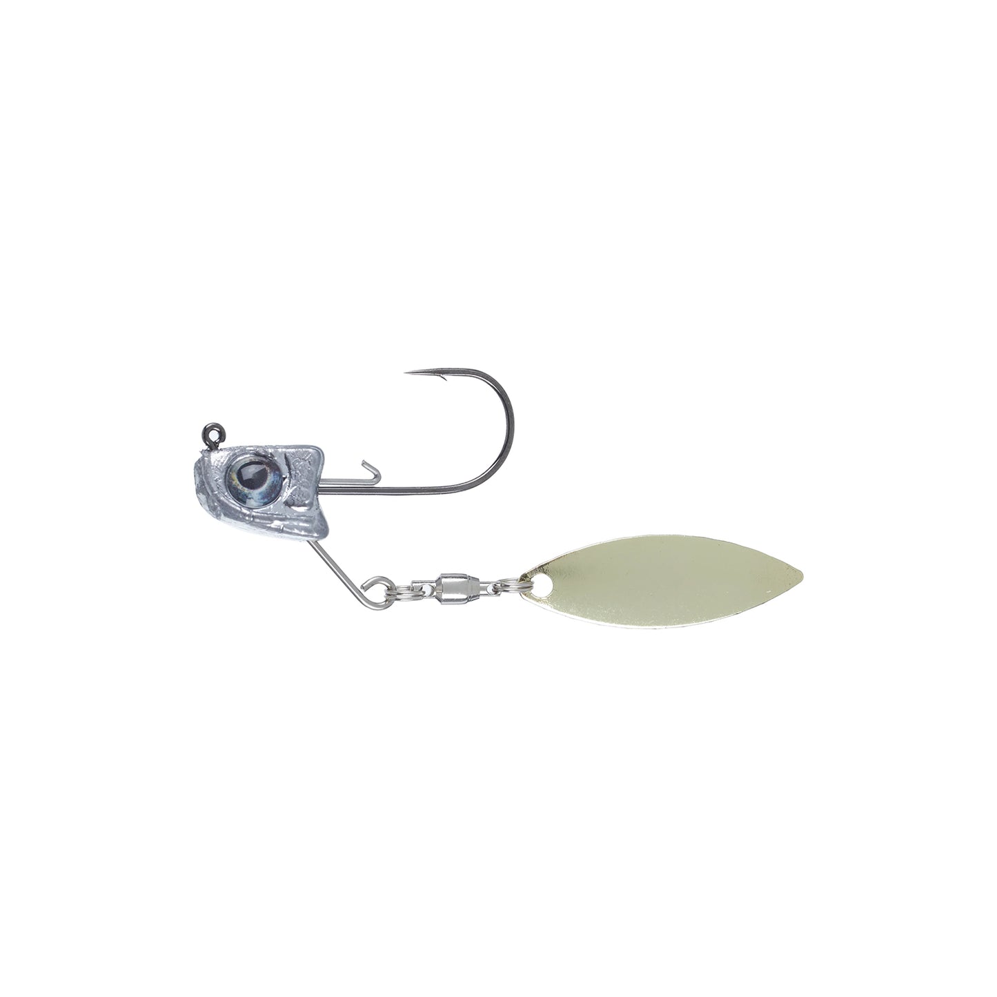 The Great Lakes Finesse Sneaky Underspin is a silver jig with a realistic fish head, single hook, and oval spinner blade—ideal for finesse presentations or pairing with Great Lakes Finesse swimbaits.