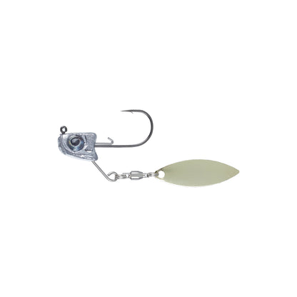 The Great Lakes Finesse Sneaky Underspin is a silver jig with a realistic fish head, single hook, and oval spinner blade—ideal for finesse presentations or pairing with Great Lakes Finesse swimbaits.