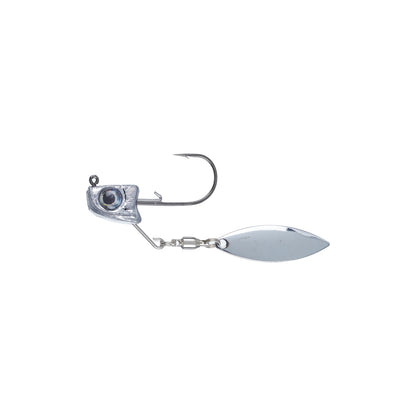 The Great Lakes Finesse Sneaky Underspin features a silver jig head with lifelike fish eye, an upward-facing hook, and a shiny blade on a swivel—ideal for pairing with finesse swimbaits in any Great Lakes Finesse setup.