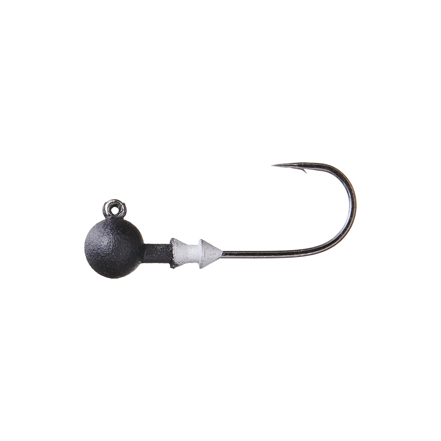 The Great Lakes Finesse Stealth Football Jigheads feature a round black metal head, silver collar, and a sharp right-curving Gamakatsu hook for superior finesse fishing.