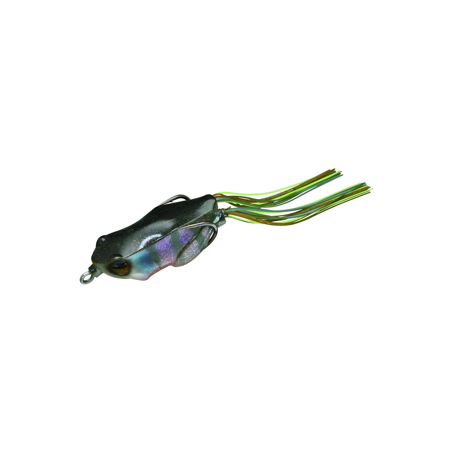 The Jackall Kaera Frog by Jackall features a dark, shiny hollow body and green skirt legs, realistically mimicking a frog to attract fish.