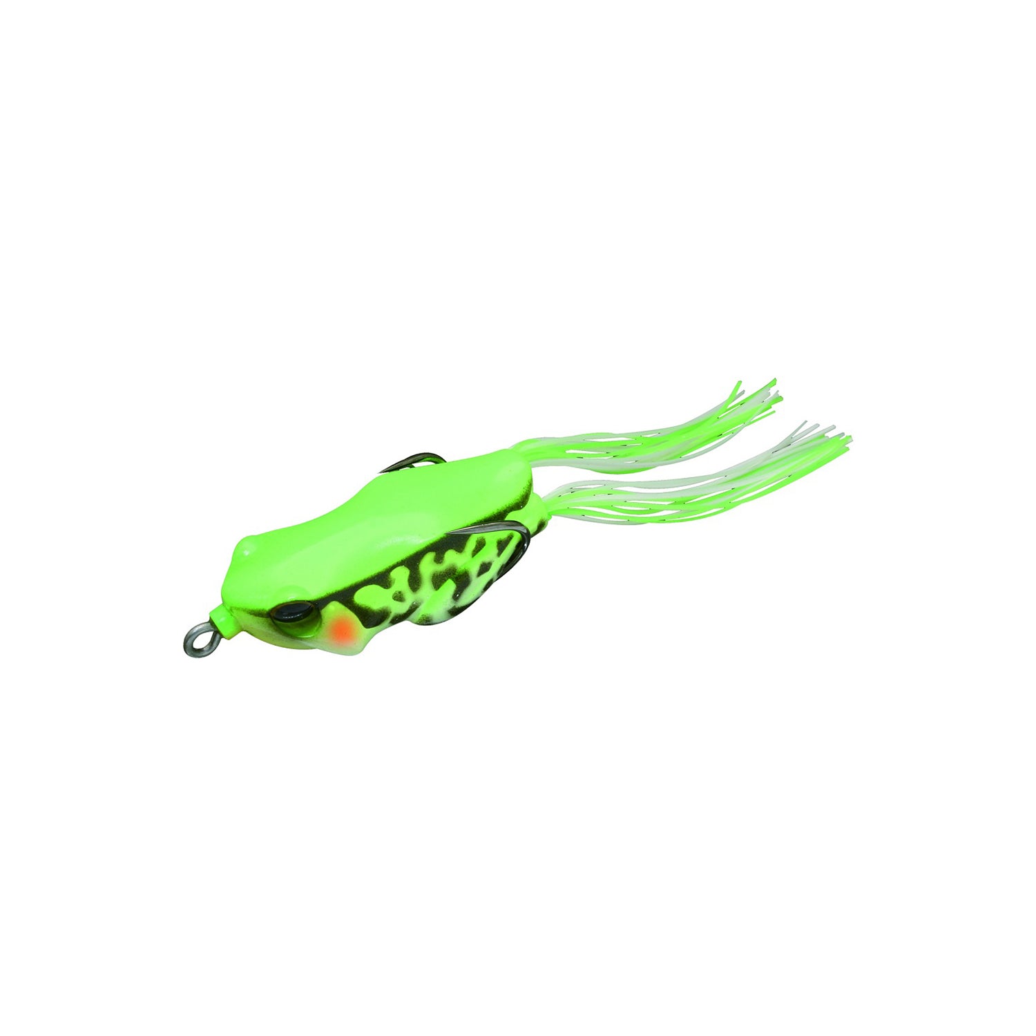 The Jackall Kaera Frog by Jackall is a bright green and black fishing lure with red accents and long tail strands. This hollow body frog features a metal loop for easy attachment, designed to attract fish by mimicking a real frog.