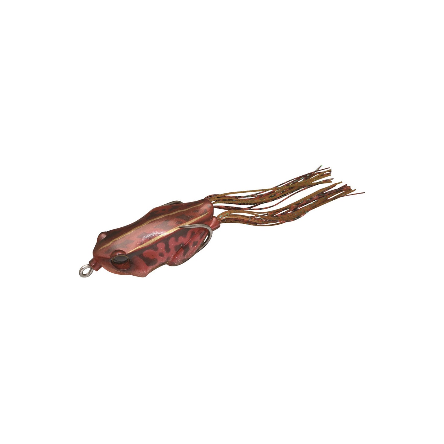 The Jackall Kaera Frog by Jackall is a red and brown hollow body lure with black markings and long, sparkly rubber strands at the back that look like legs.