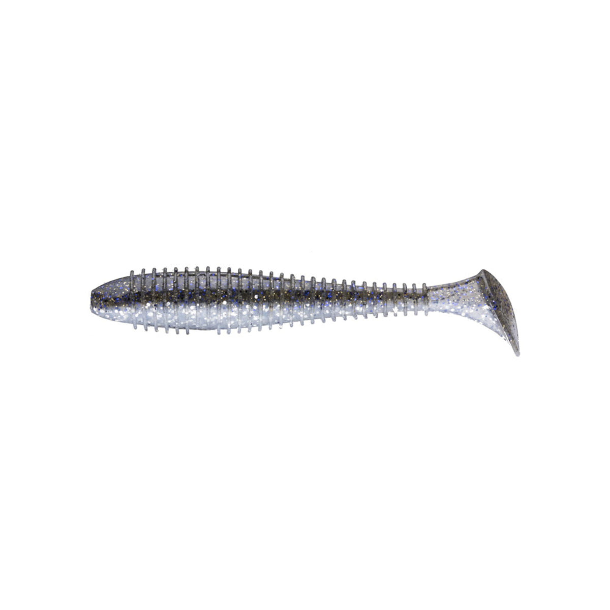 The Keitech Swing Impact Fat Swimbait 2.8" 8pk by Keitech features a ribbed, paddle-tail design in silver-gray with glitter, making it an ideal soft plastic fishing lure for swimbait techniques.