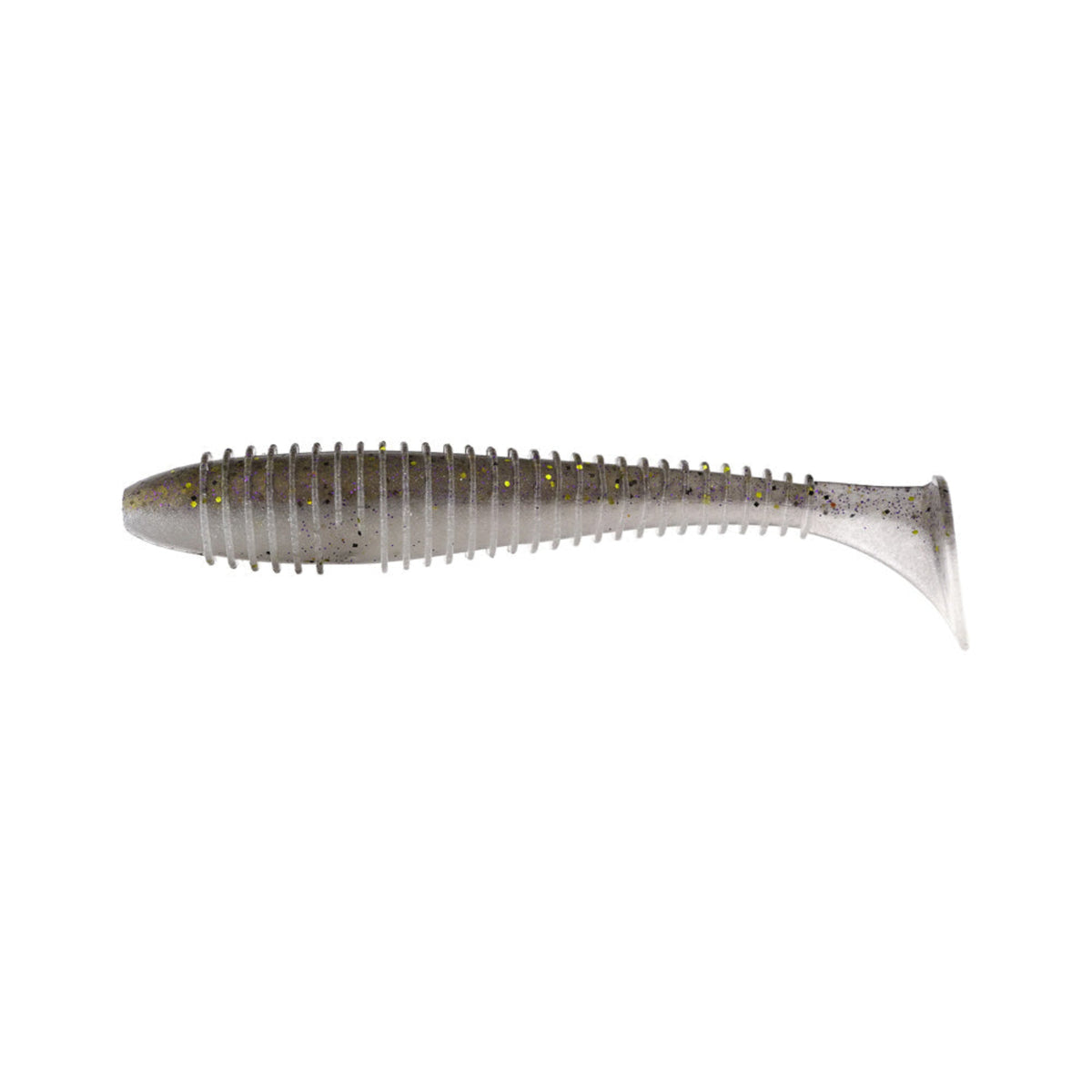 The Keitech Swing Impact Fat Swimbait 3.3" (7pk) by Keitech features a segmented, ribbed body and paddle tail in gray with black and gold specks, shown against a white background.