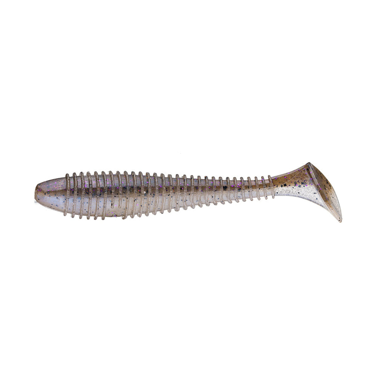 The Keitech Swing Impact Fat Swimbait 3.8" by Keitech is a soft, ribbed, fish-shaped lure with a flat tail and salted plastic construction, featuring a translucent finish with glitter flecks and a purplish sheen for lifelike action.
