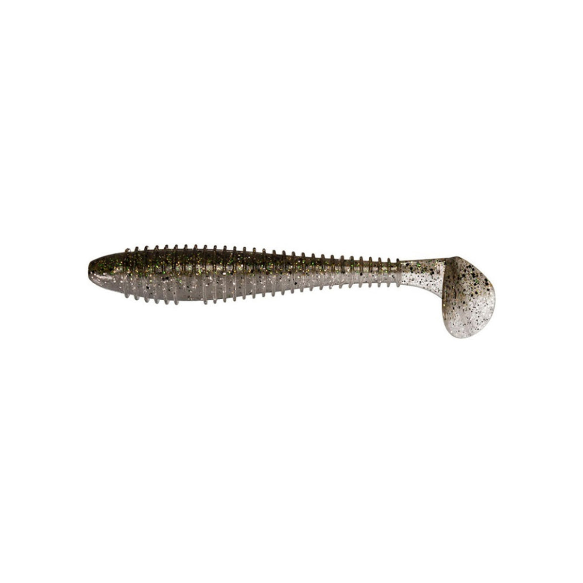 The Keitech Swing Impact Fat Swimbait 3.8" 6pk features a soft, ribbed body and paddle tail in silver with black speckles, made from salted plastics for extra attraction.