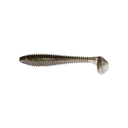 The Keitech Swing Impact Fat Swimbait 3.8" 6pk features a soft, ribbed body and paddle tail in silver with black speckles, made from salted plastics for extra attraction.