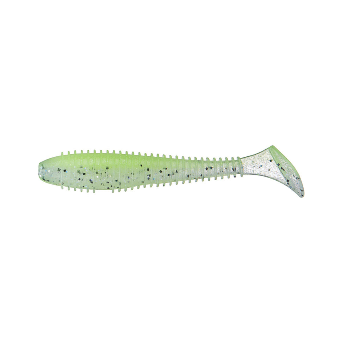 The Keitech Swing Impact Fat Swimbait 3.3" (7pk) features a ribbed body, glitter flecks, and a paddle tail in light green, shown isolated on a white background.