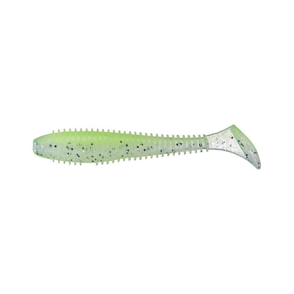 The Keitech Swing Impact Fat Swimbait 3.3" (7pk) features a ribbed body, glitter flecks, and a paddle tail in light green, shown isolated on a white background.
