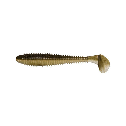 The Keitech Swing Impact Fat Swimbait 3.3" 7pk by Keitech features a ribbed body and paddle tail in metallic gold, shaped like a small fish and shown on a white background.