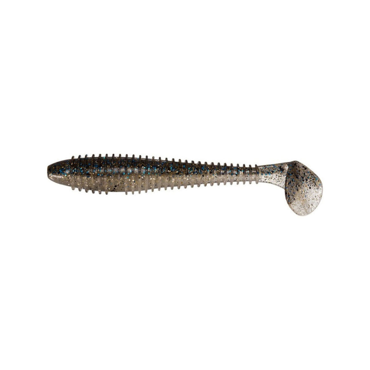 The Keitech Swing Impact Fat Swimbait 3.8" 6pk features a ribbed, salted body and paddle tail with silver, black, and blue speckles—perfect for mimicking natural baitfish.