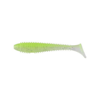 The Keitech Swing Impact Fat Swimbait 3.8" 6pk features a green, translucent ribbed body and paddle tail. Made from salted plastics, this Keitech lure is displayed on a white background.