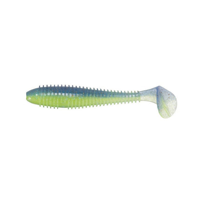 The Keitech Swing Impact Fat Swimbait 3.8" 6pk by Keitech is a soft plastic, fish-shaped bait with a ribbed body and paddle tail; it features a blue-gray top and greenish-yellow underside, displayed on a white background.