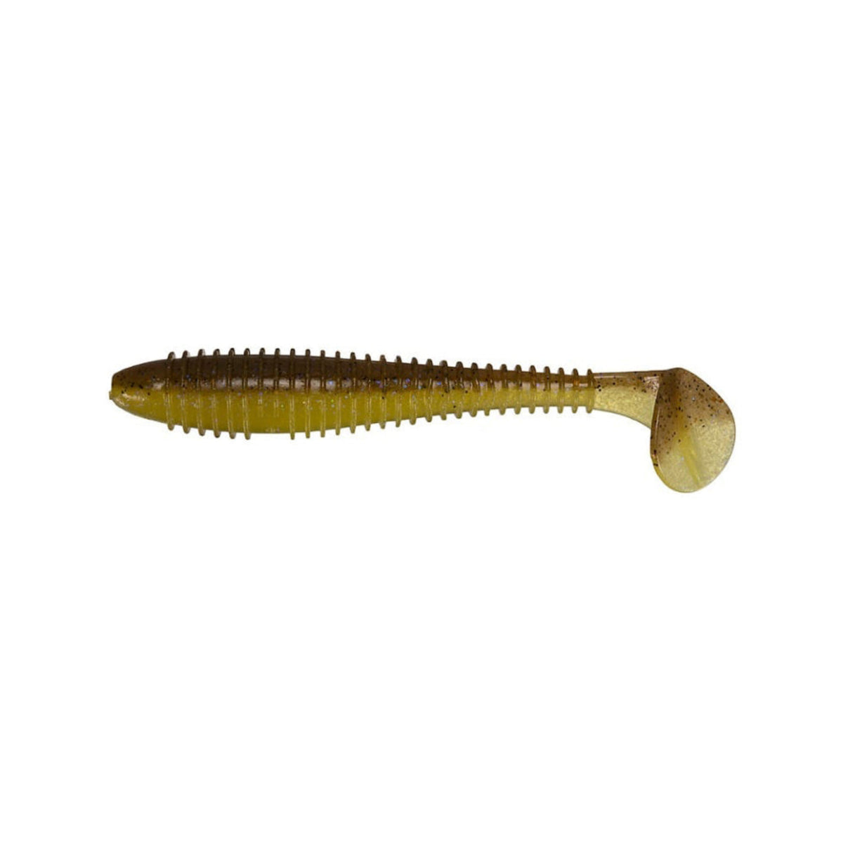A Keitech Swing Impact Fat Swimbait 3.3" from Keitech, featuring a ribbed, segmented body and paddle tail in a greenish-brown color, is shown on a white background.
