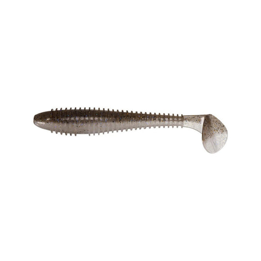 The Keitech Swing Impact Fat Swimbait 3.8" 6pk from Keitech is a soft, ribbed, paddle-tail swimbait shaped like a shad with a natural translucent gray and black speck finish, ideal for lifelike action in the water.