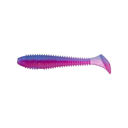 The Keitech Swing Impact Fat Swimbait 3.3" by Keitech features a ribbed body and paddle tail, comes in a 7-pack, and sports purple and blue shades with a translucent finish inspired by shad.