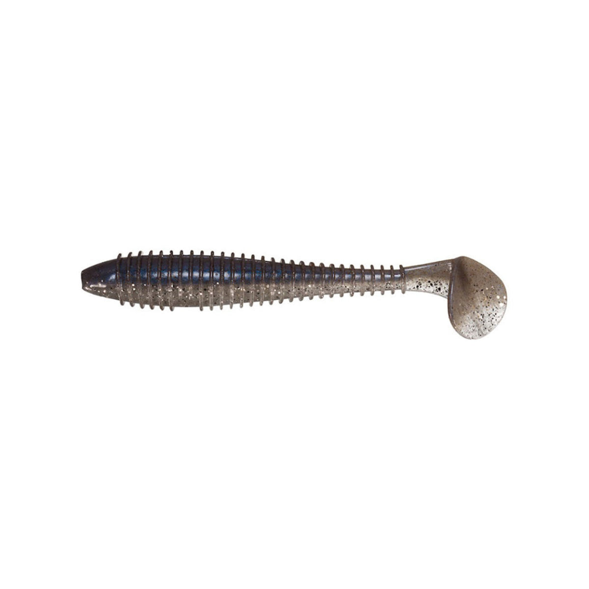 The Keitech Swing Impact Fat Swimbait 3.3" 7pk is a soft plastic lure with a ribbed body, large paddle tail, and silver-gray hues, modeled after small baitfish.
