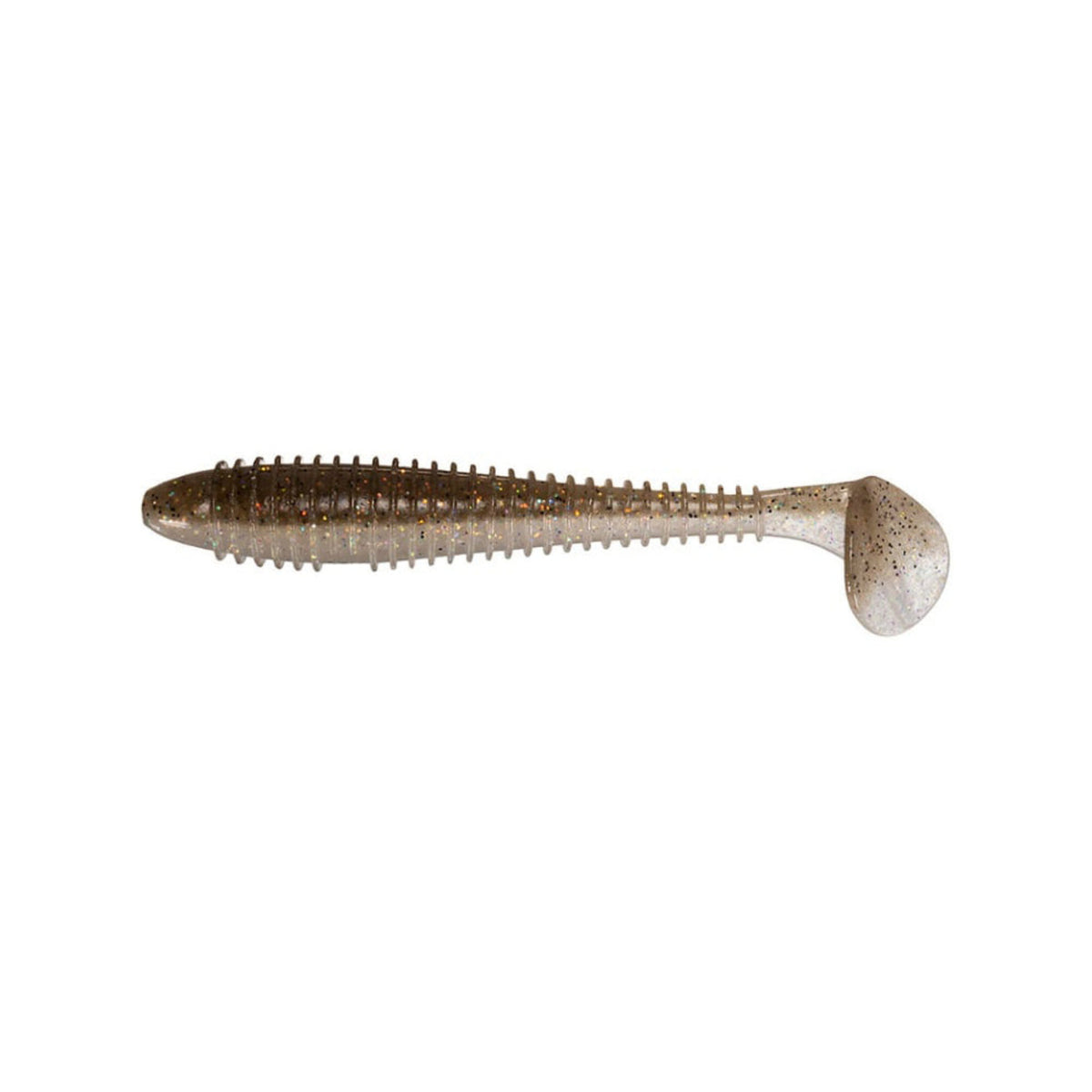 The Keitech Swing Impact Fat Swimbait 3.8" features a ribbed, tapered body and broad paddle tail in salted, translucent plastic with embedded metallic flakes for reflection. Sold in a 6-pack by Keitech.