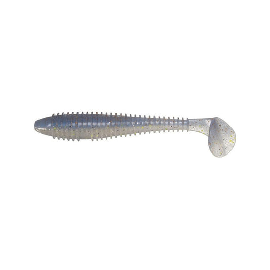The Keitech Swing Impact Fat Swimbait 3.8" 6pk by Keitech features a soft, ribbed body, rounded paddle tail, and semi-transparent light color with glitter flecks, shown on a white background.