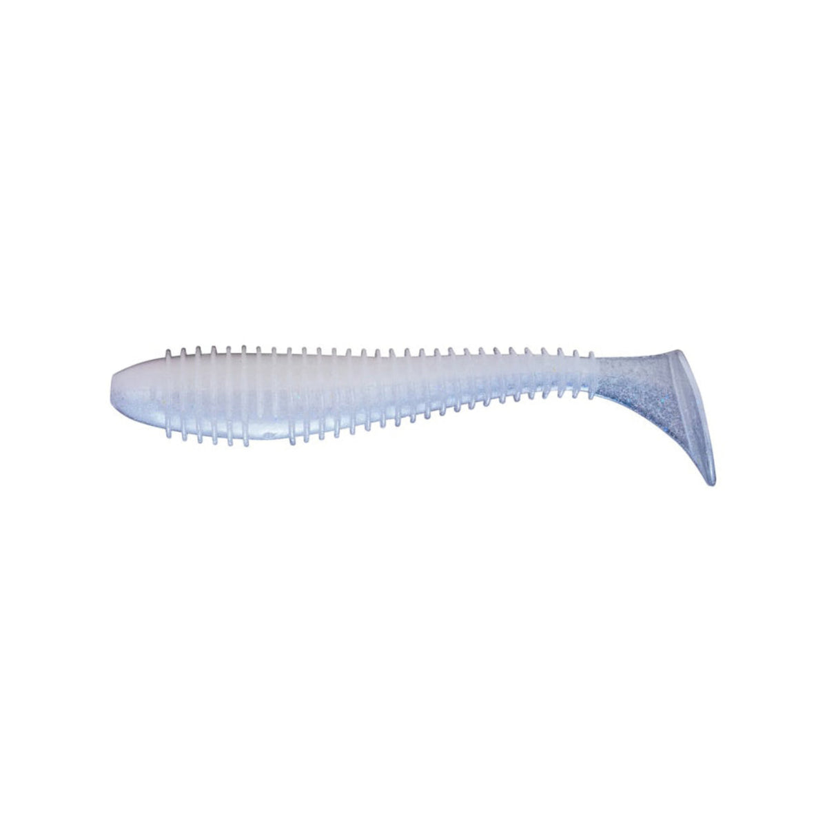 The Keitech Swing Impact Fat Swimbait 3.8" 6pk features a translucent light blue, ribbed body and paddle tail to mimic small fish and entice strikes.